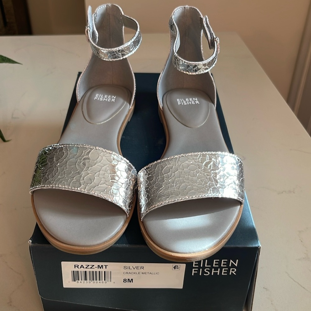 Eileen Fisher new silver ankle strap sandals